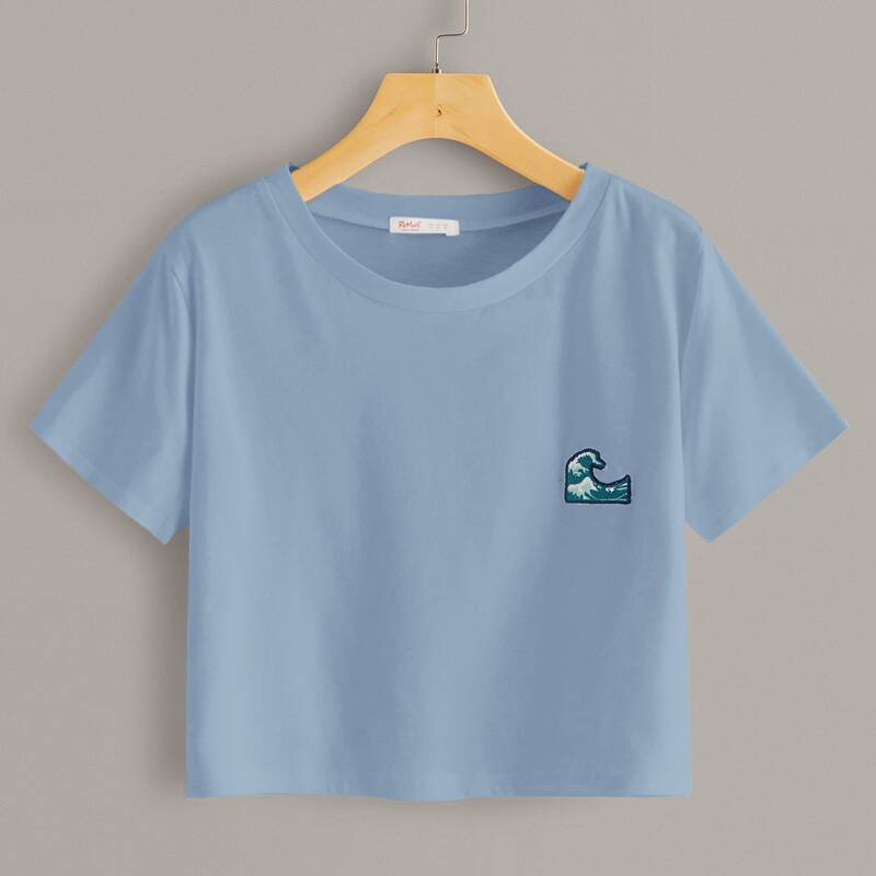 

Wave Embroidery Crop Blue Tee