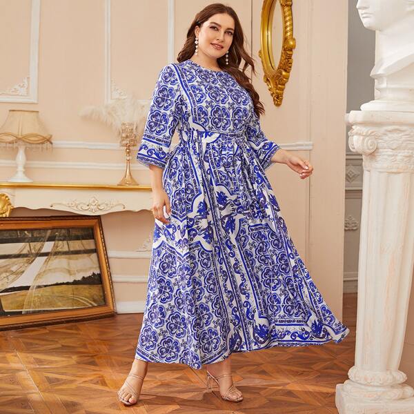 

Plus Tribal Print Belted Maxi Dress, Blue
