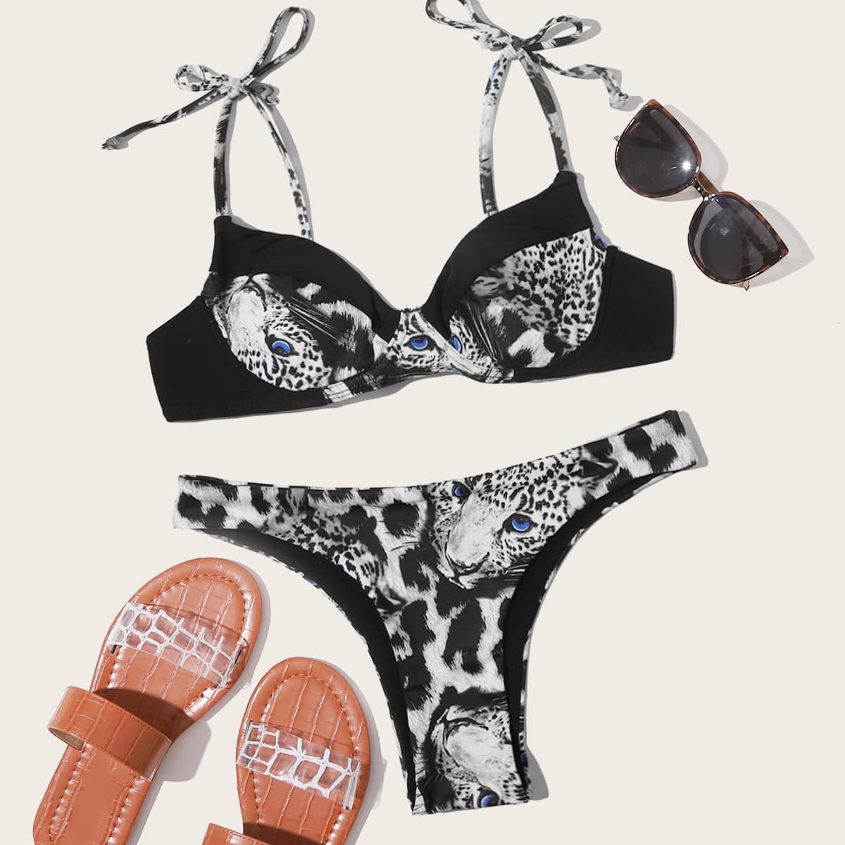 

Leopard Tie Shoulder Underwire Bikini Swimsuit, Multicolor