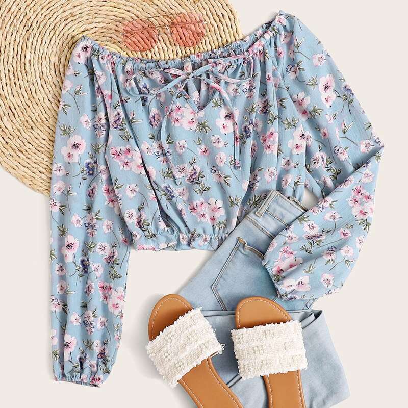 

Floral Off Shoulder Crop Top, Multicolor