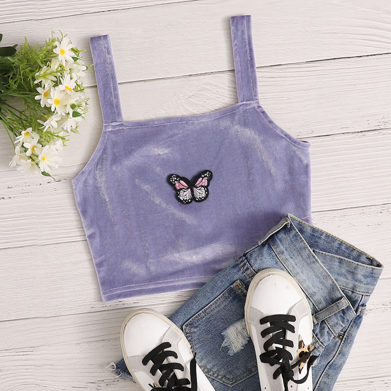 

Velvet Butterfly Embroidery Crop Cami, Purple