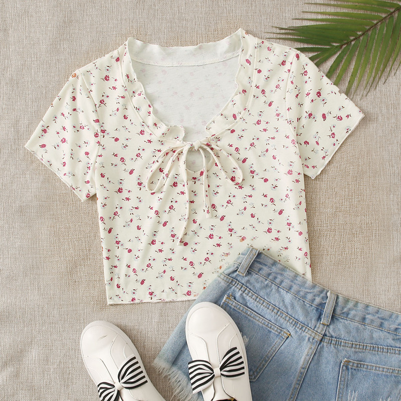 

Ditsy Floral Tie Crop Tee, Beige