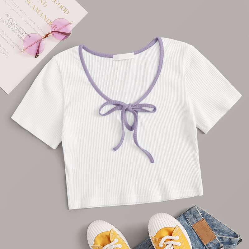 

Tie Neck Crop Tee, White