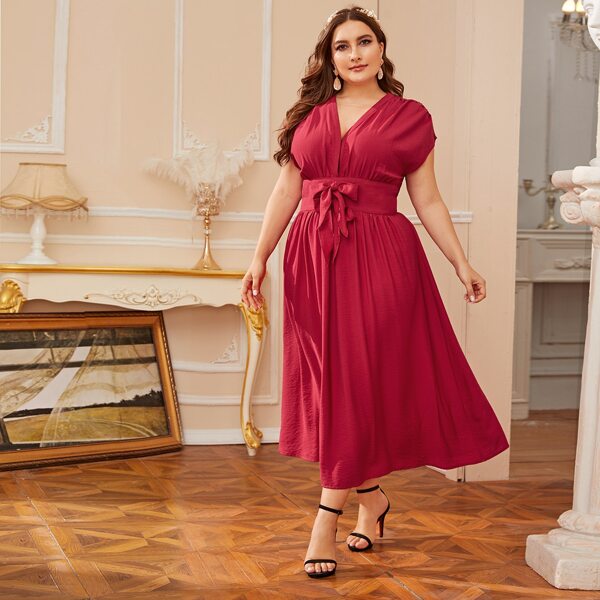 

Plus Ruched Shoulder Bow Detail Flare Dress, Red