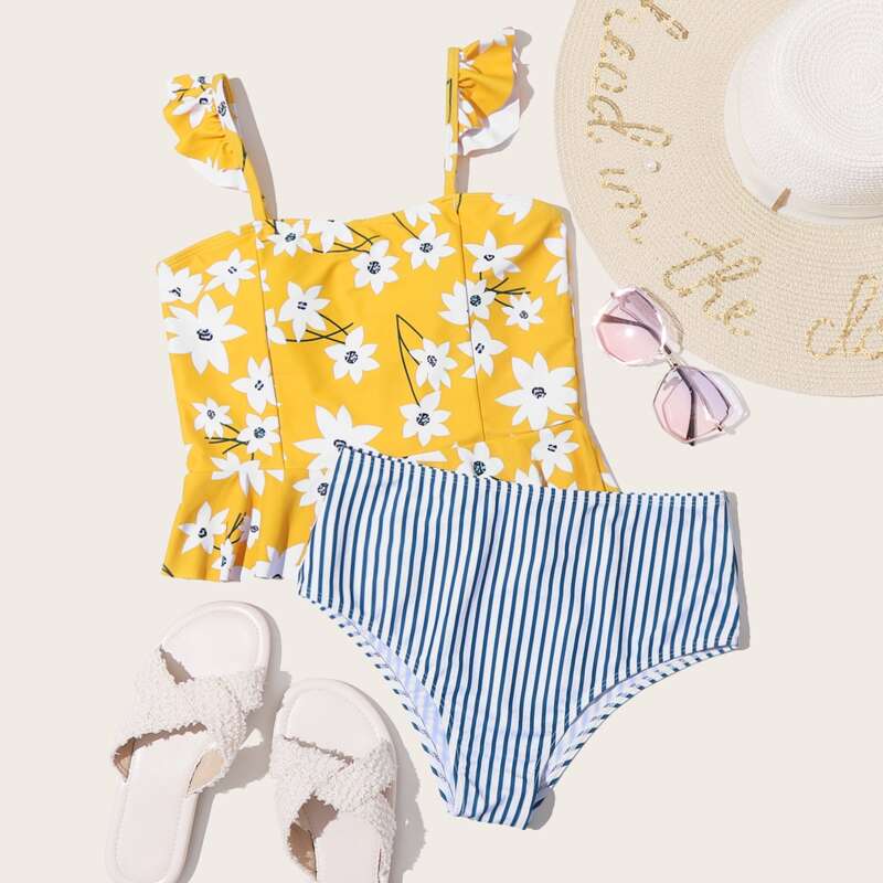 

Floral & Striped Print Ruffle Hem Bikini Swimsuit, Multicolor