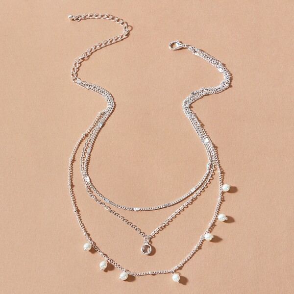 

1pc Faux Pearl Decor Gemstone Decor Layered Necklace, Silver
