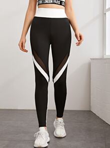 Mulvari Wide Waistband Mesh Insert Colourblock Leggings - Black and White - View 3