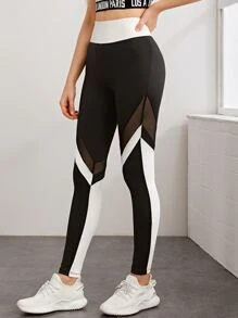 Mulvari Wide Waistband Mesh Insert Colourblock Leggings - Black and White - View 1