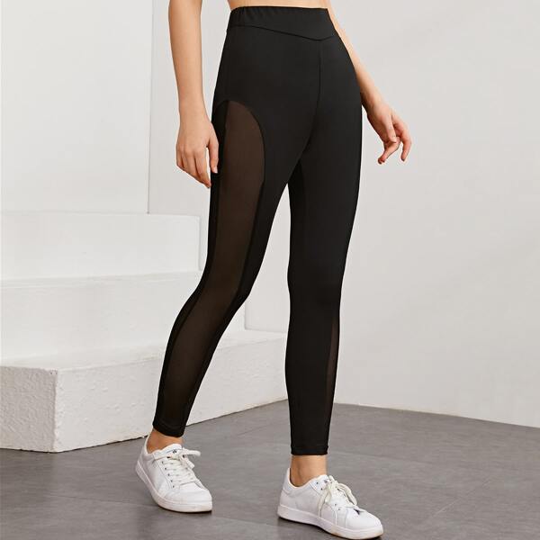 

Mesh Insert Solid Leggings, Black