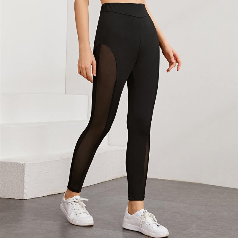 

Mesh Insert Solid Leggings, Black