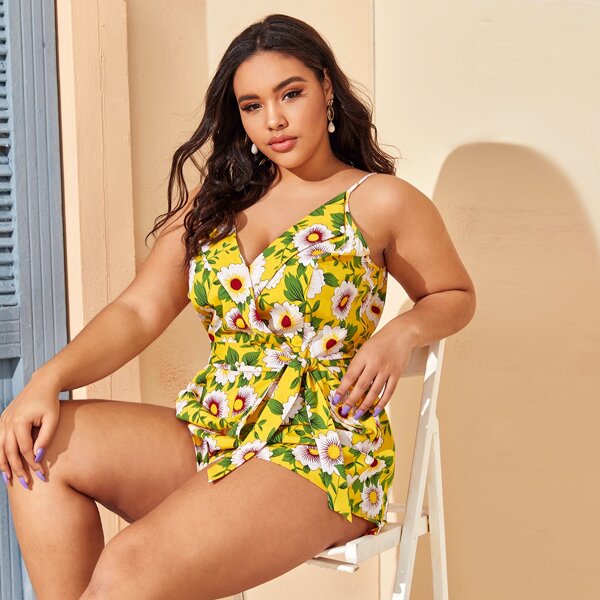 

Plus Floral Surplice Front Belted Cami Romper, Multicolor