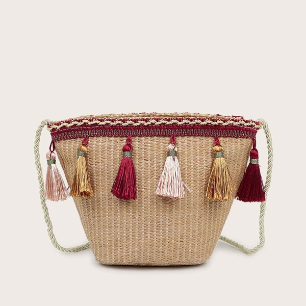 

Tassel Charm Woven Crossbody Bag, Khaki