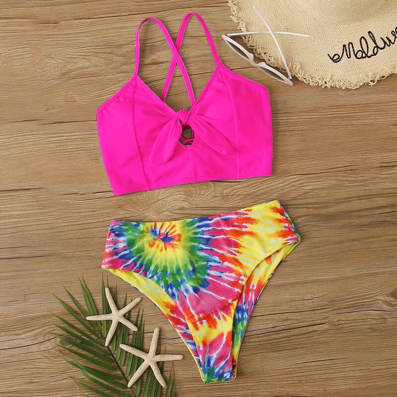 

Tie Dye Knot Front High Waisted Bikini Swimsuit, Multicolor