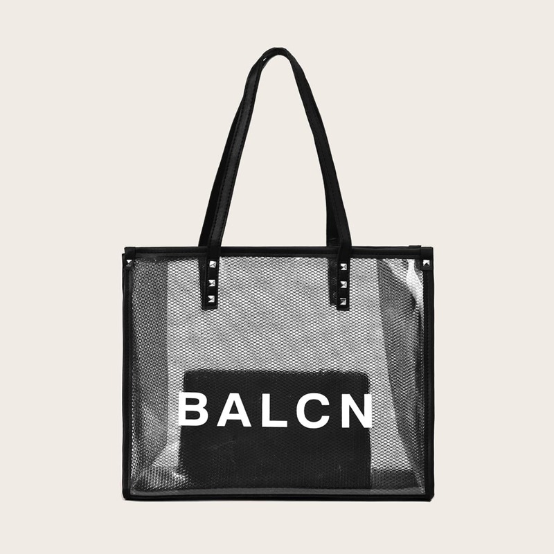 

Letter Graphic Clear Tote Bag With Inner Pouch, Black