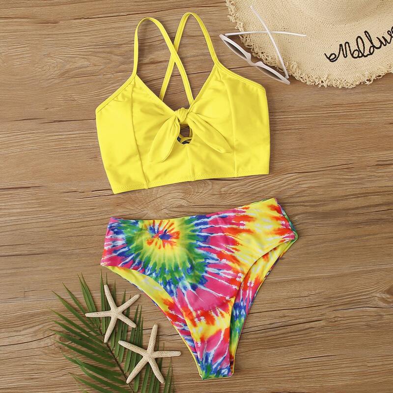 

Tie Dye Knot Front High Waisted Bikini Swimsuit, Multicolor