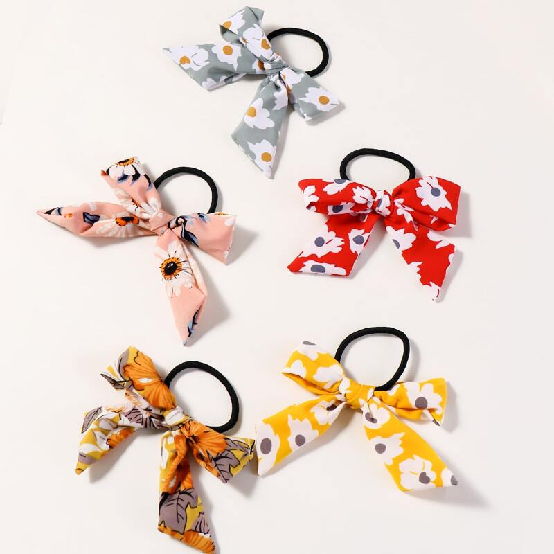 

5pcs Floral Pattern Bow Knot Decor Hair Tie, Multicolor