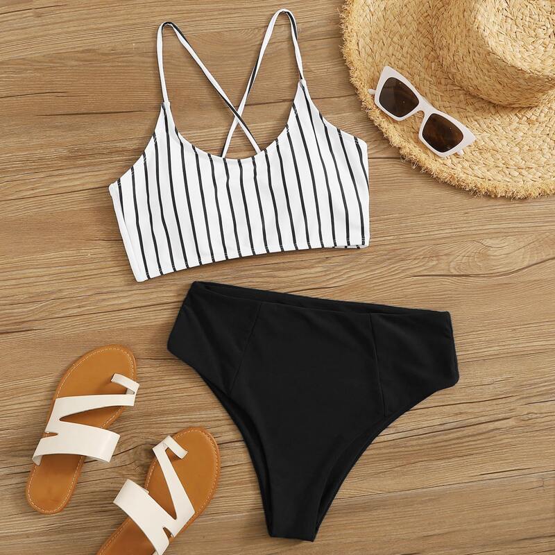 

Striped Lace-up Back High Waisted Bikini Swimsuit, Black and white