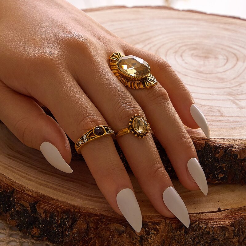 

3pcs Gemstone Engraved Ring, Gold