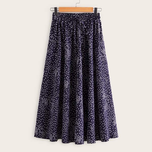 

Plus Polka Dot Drawstring Waist Skirt, Navy blue