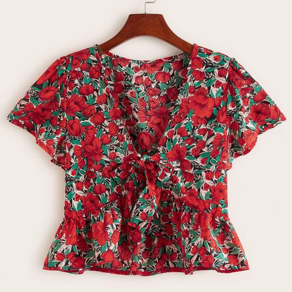

Plus Floral Print Tie Front Peplum Top, Multicolor