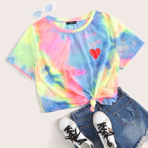 

Plus Heart Print Tie Dye Top, Multicolor