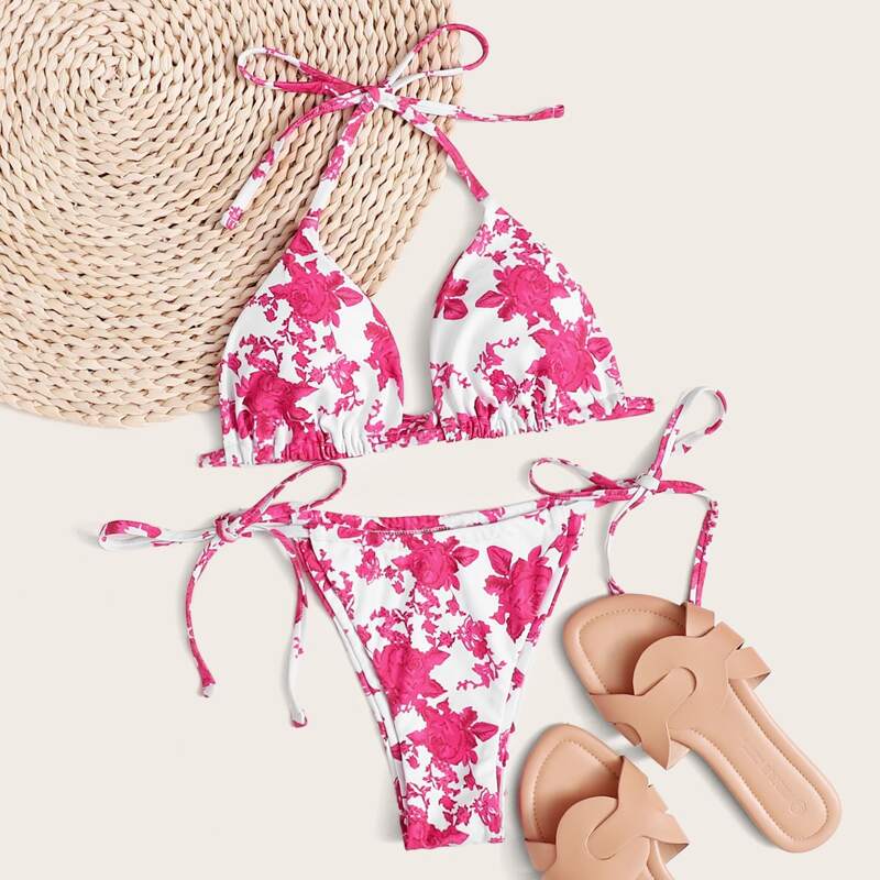 

Floral Halter Triangle Tie Side Bikini Swimsuit, Pink