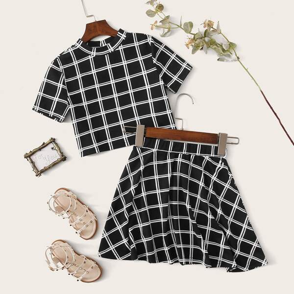 

Girls Keyhole Back Plaid Top & Skirt Set, Black