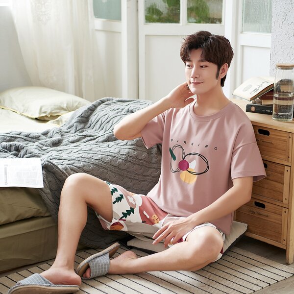 

Men Cartoon And Letter Graphic PJ Set, Multicolor