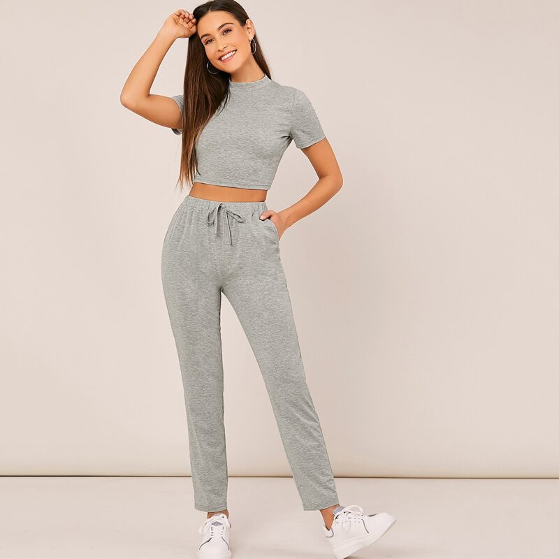 

Mock Neck Heather Gray Tee and Slant Pocket Joggers Set, Grey