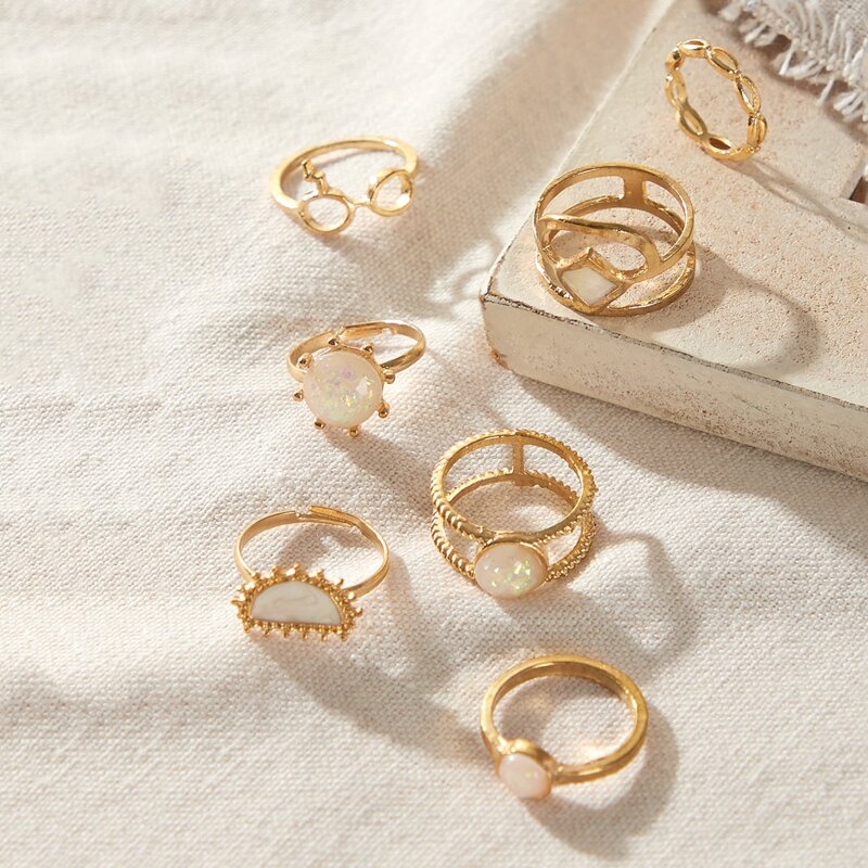 

7pcs Hollow Out Gemstone Engraved Ring, Gold