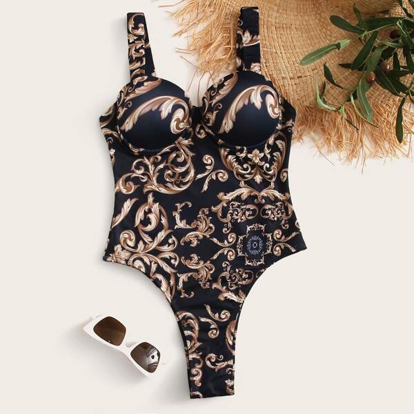 

Baroque Print Underwire High Leg One Piece Swimsuit, Multicolor