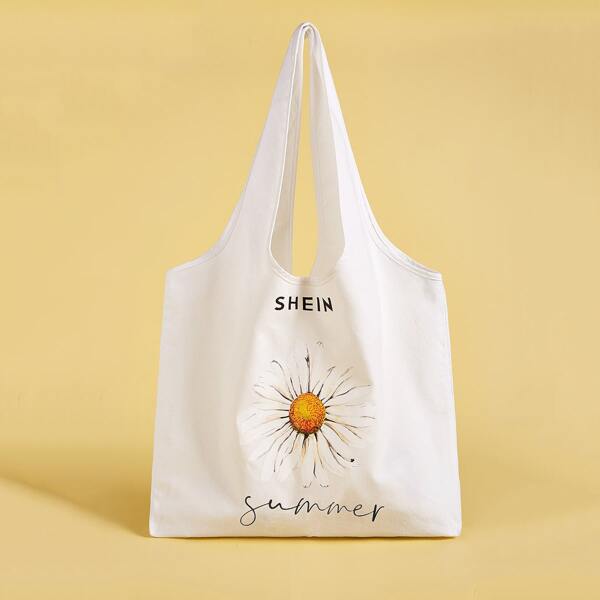 

SHEIN Daisy Print Canvas Tote Bag, White