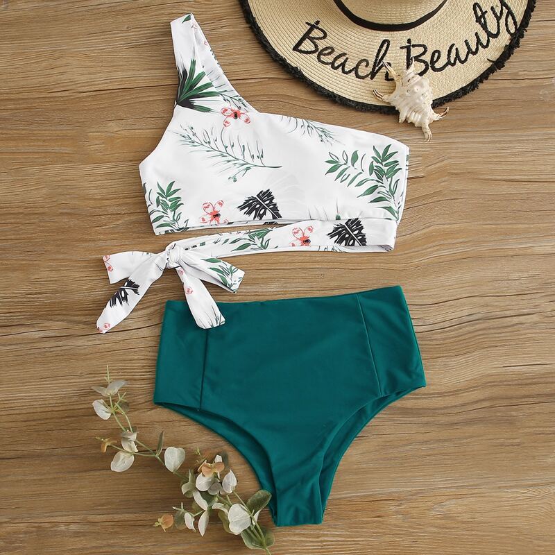 

Tropical One Shoulder High Waisted Bikini Swimsuit, Multicolor