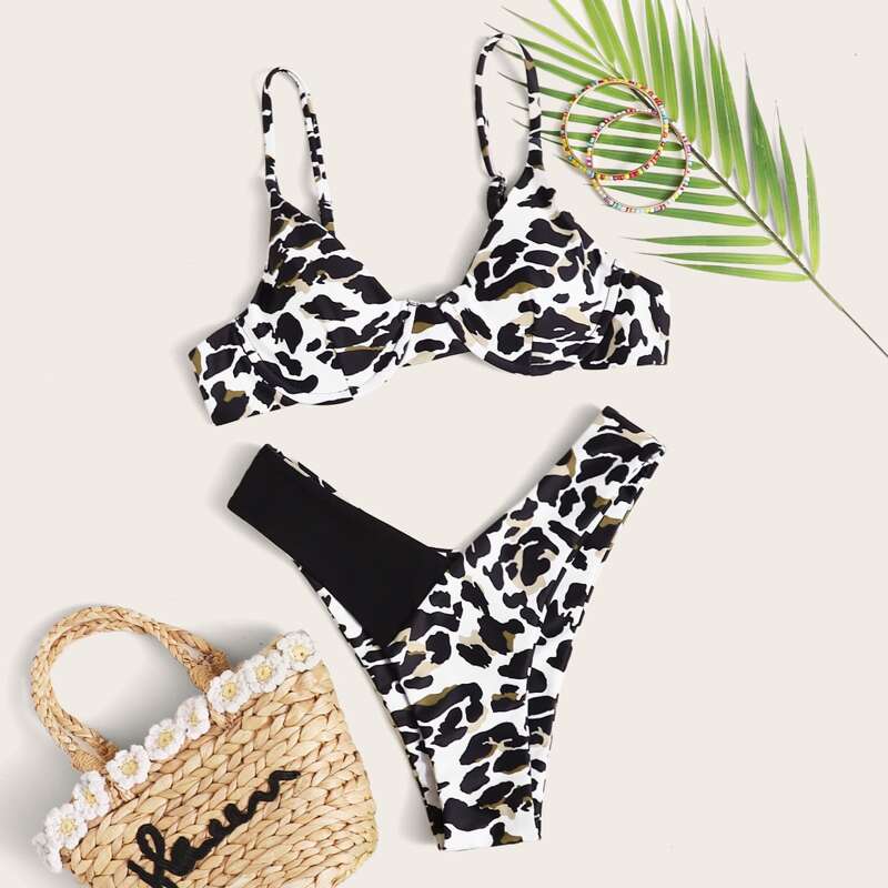 

Leopard Underwire High Leg Bikini Swimsuit, Black and white