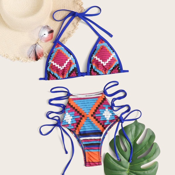 

Tribal Halter Triangle Tie Side Bikini Swimsuit, Multicolor