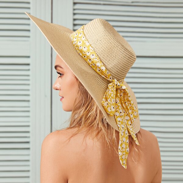 

Ditsy Floral Pattern Bow Knot Decor Straw Hat, Beige