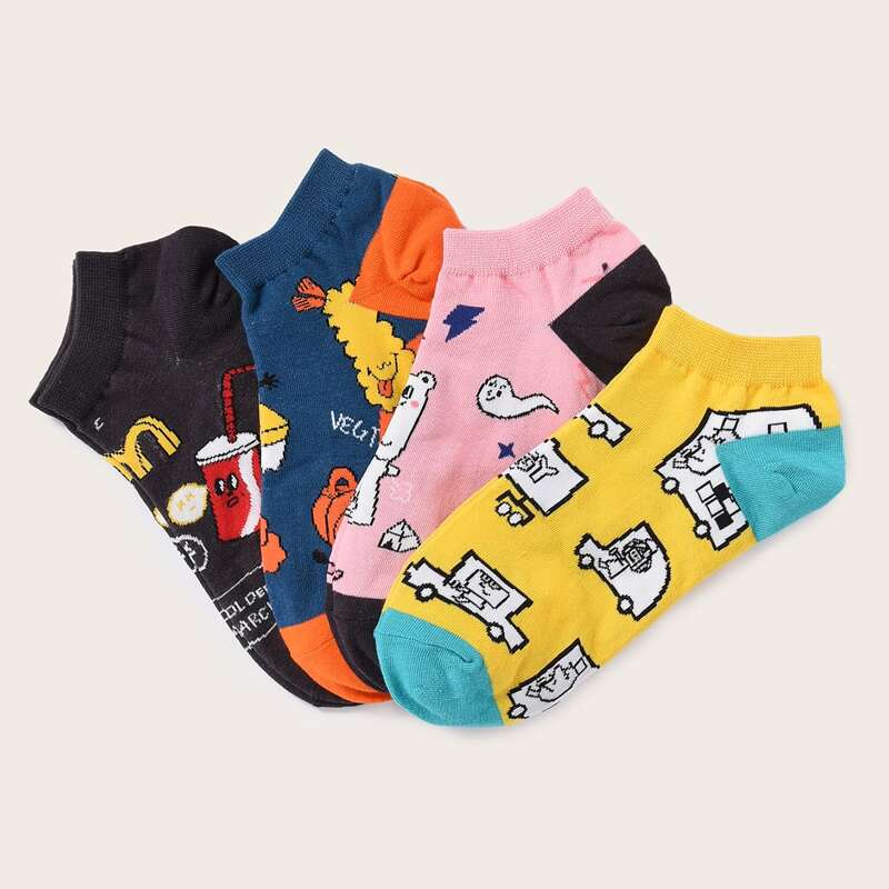 

4pairs Guys Cartoon Graphic Ankle Socks, Multicolor