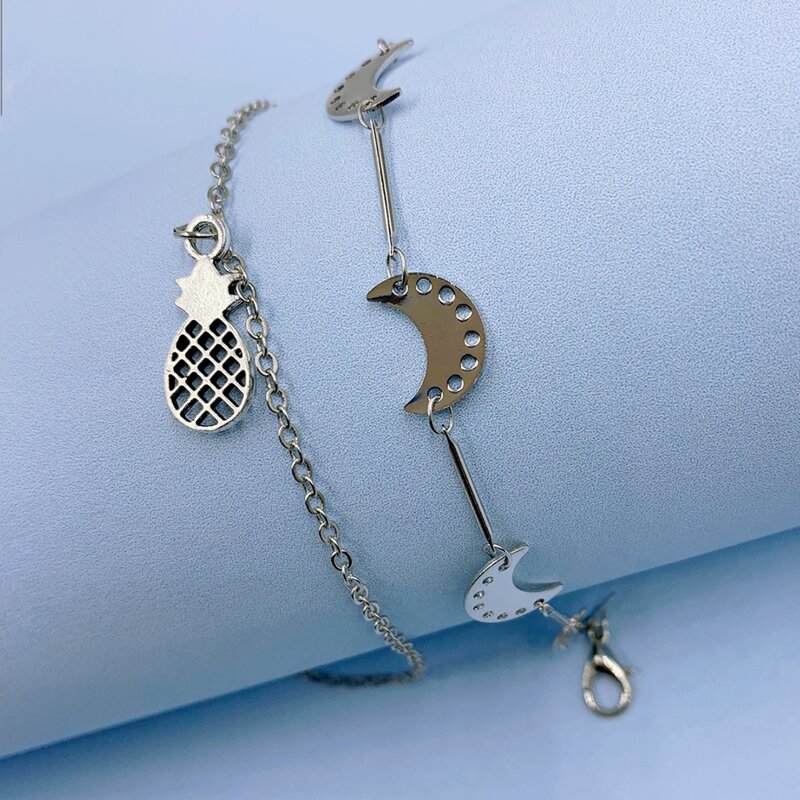 

2pcs Pineapple Charm Moon Decor Anklet, Silver
