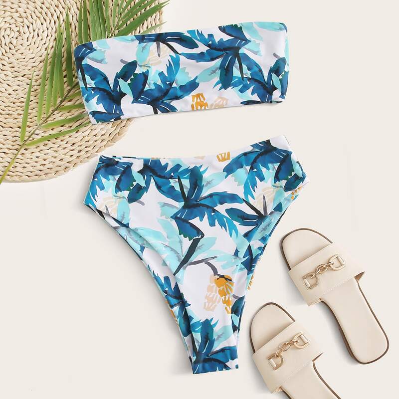 

Tropical Bandeau High Waisted Bikini Swimsuit, Multicolor