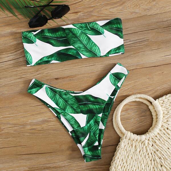 

Tropical Lace-up Back Bandeau Bikini Swimsuit, Green