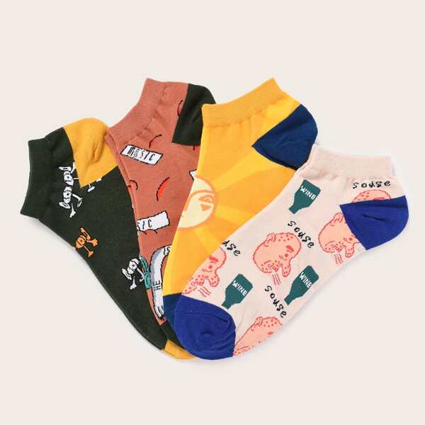 

4pairs Men Cartoon Graphic Ankle Socks, Multicolor