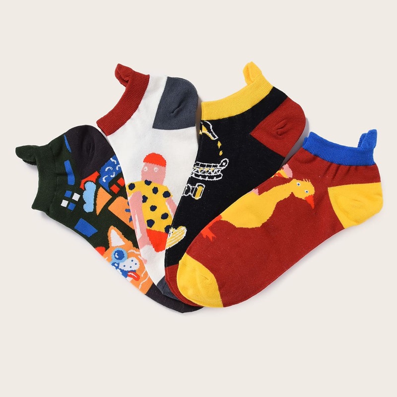 

4pairs Guys Cartoon Graphic Ankle Socks, Multicolor