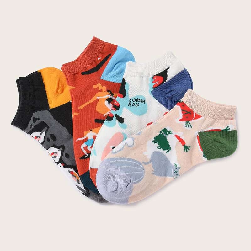 

4pairs Guys Cartoon Graphic Ankle Socks, Multicolor