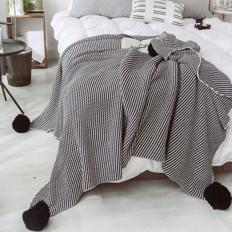 

Stripe Pattern Pom Pom Decor Blanket, Black and white