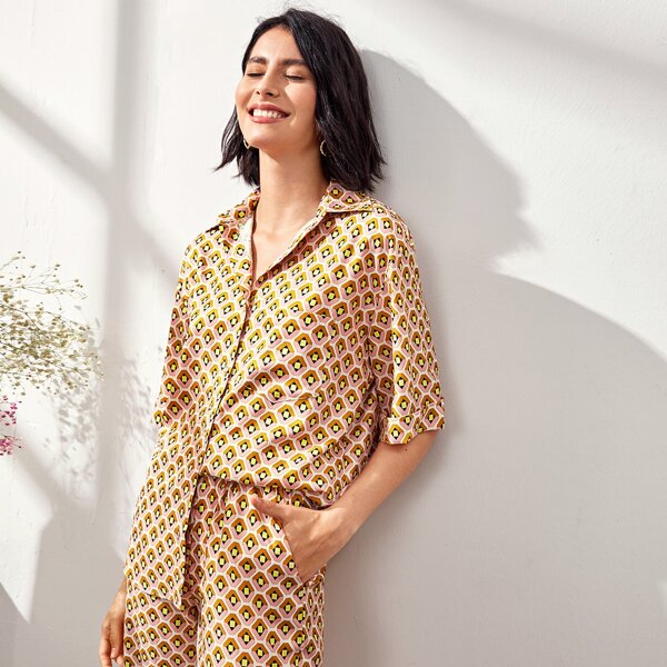 

Allover Print Pocket Button Up Blouse, Multicolor