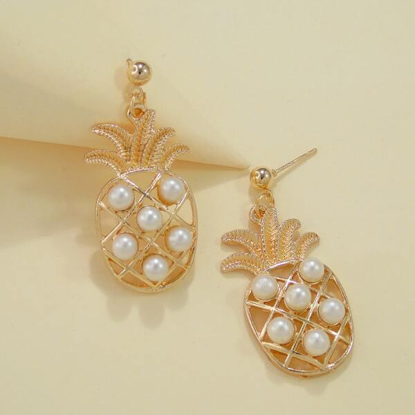 

1pair Faux Pearl & Fruit Design Drop Earrings, Gold