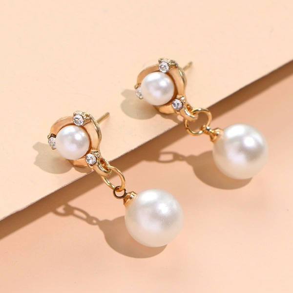 

1pair Rhinestone Engraved Faux Pearl Decor Drop Earrings, White
