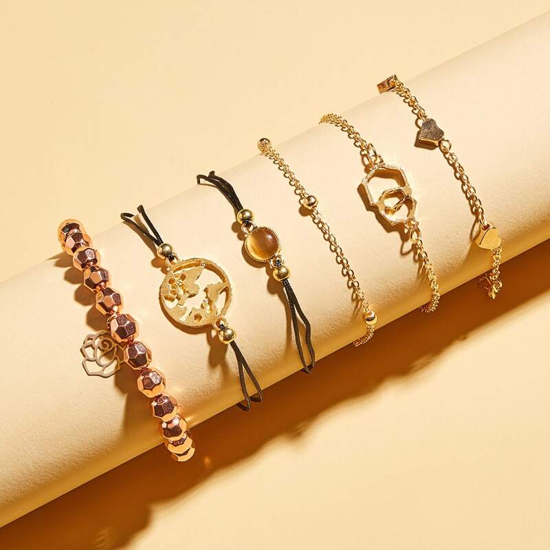 

6pcs Geometric & Heart Decor Bracelet, Multicolor