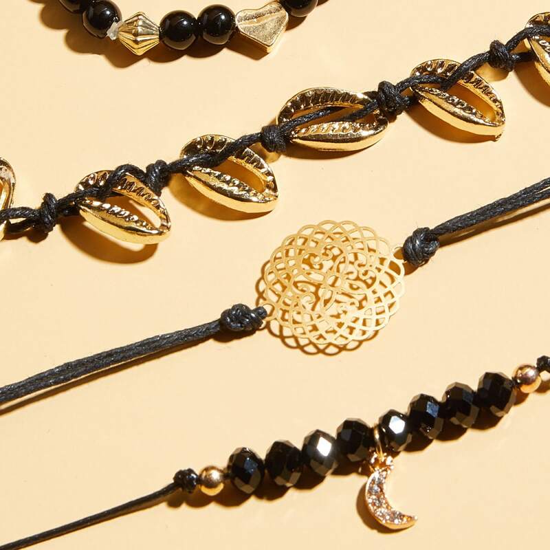 

4pcs Hollow Out Floral & Shell Decor Bracelet, Black