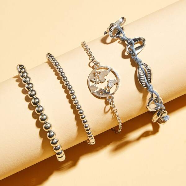 

4pcs Shell Decor Beaded Bracelet, Silver